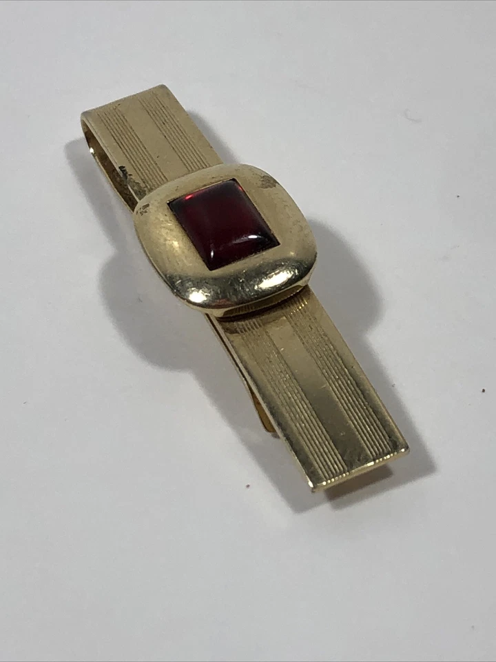 Anson Gold Tone Tie Clip Red Faux Ruby Garnet Stone Center Vtg Classic - Image 3 of 4