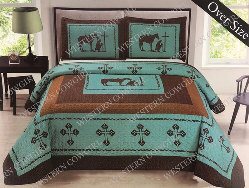 Texas Praying Cowboy Horse Star Western Quilt Bedspread Comforter Shams 3 Pc Set - Picture 3 of 12