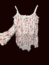 No Boundaries Blouse White Pink Green Floral Lace Juniors Size XL 15-17 Boho