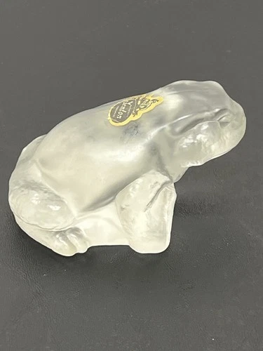 Vtg. Fenton Art Glass Frog Clear Satin Paperweight Figure  w/ Orig. Sticker