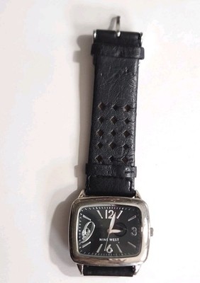 Nine West Ladies Black Rectangle Face Watch Textured Leather Band Analog Quartz