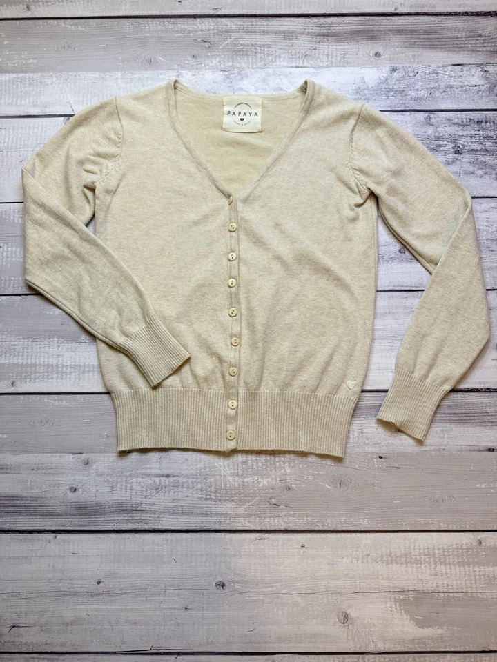 Cardigã feminino mamão bege suéter M manga longa botão frontal algodão e rayon - Imagem 2 de 4
