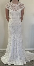 Lulus Ivory Lace Mermaid Wedding Dress Boat Neck Short Sleeve with Train