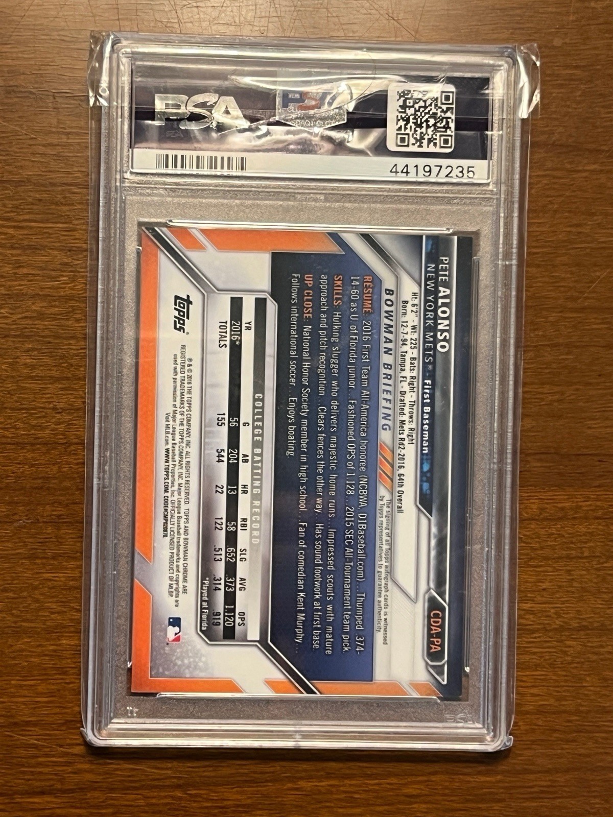2016 Bowman Chrome 1ST PETE ALONSO PSA 9 ROOKIE RC AUTO view 3