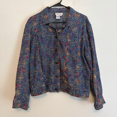Coldwater Creek XL Petite Jean Jacket Top Embroidered Western Bloom Core Flower