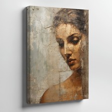 Vintage Woman Portrait Canvas Wall Art With Textured Distressed Cracked Effect