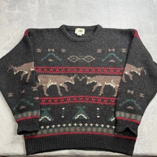 VTG Field Gear Animal Reindeer Gray Wool Pullover Crewneck Knit Sweater Mens L