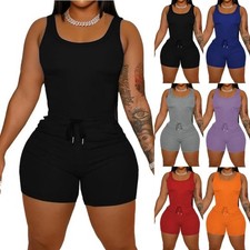 Womens Summer 2Pcs Outfits Sleeveless Tank Tops Biker Short Workout Jogger Sets