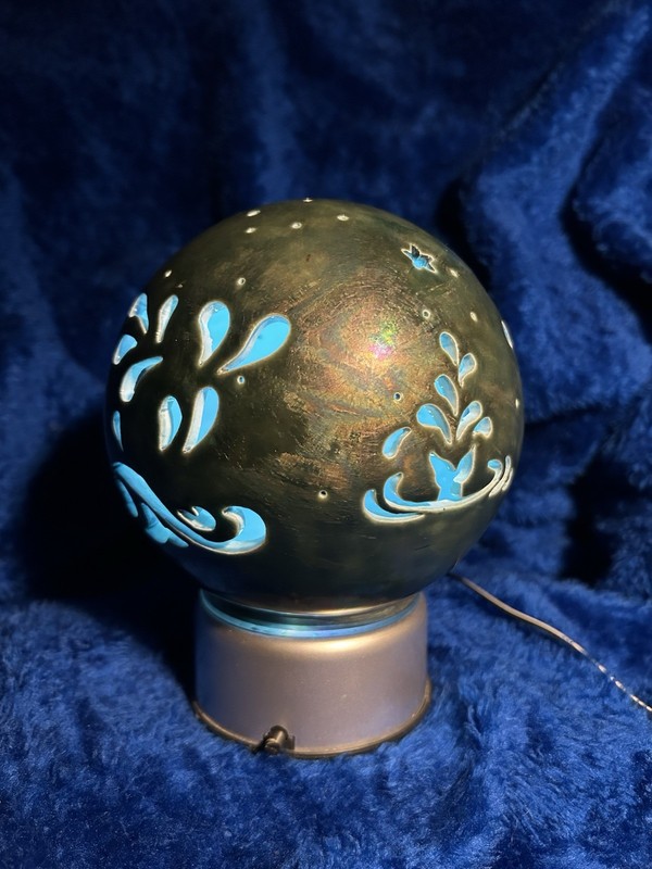 7” Tall, Hand Carved Ceramic Luminary Ball w/ Light/rotating Base~ Happy Dolphin