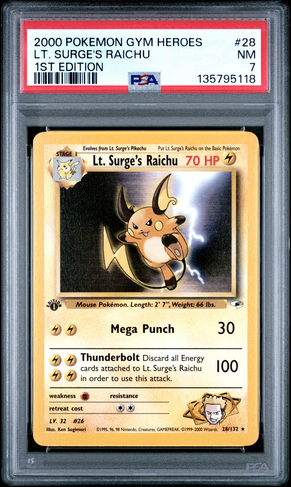 Gym Heroes #28 Lt. Surge'S Raichu 1st Edition PSA 7