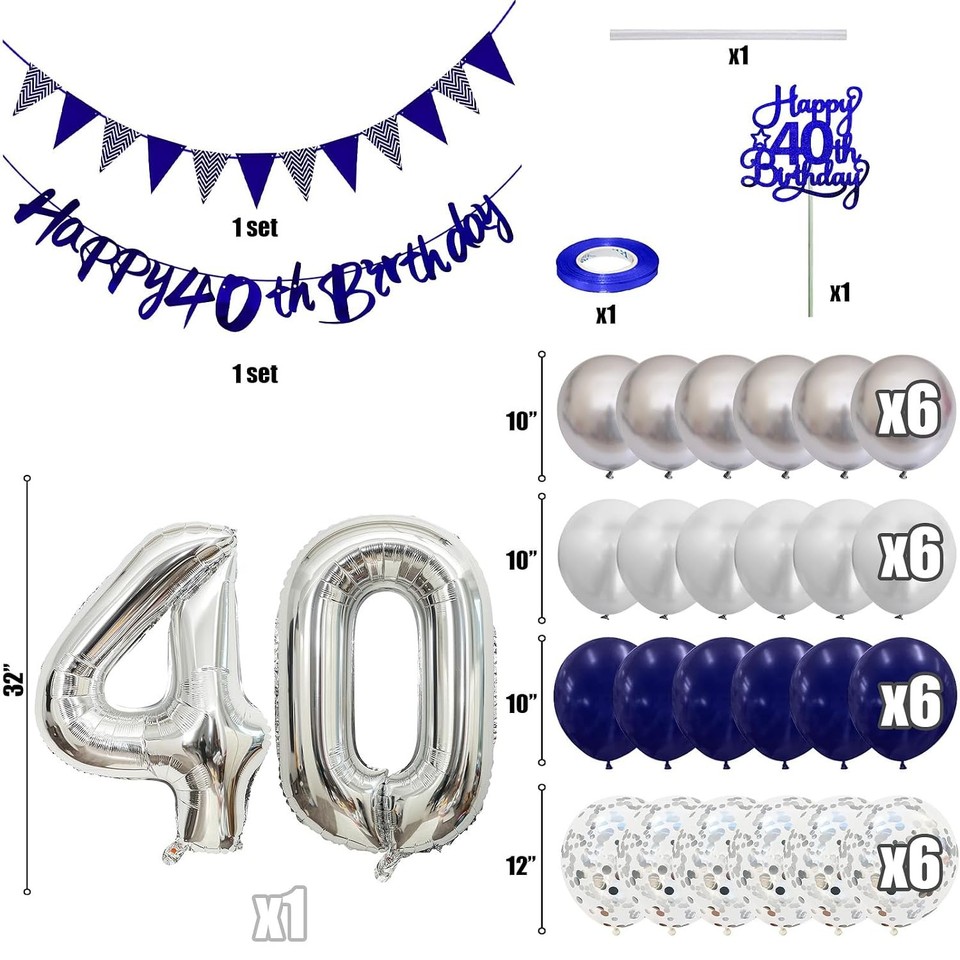 40th Birthday Decorations for Men, Navy Blue Silver 40th Balloons 40th