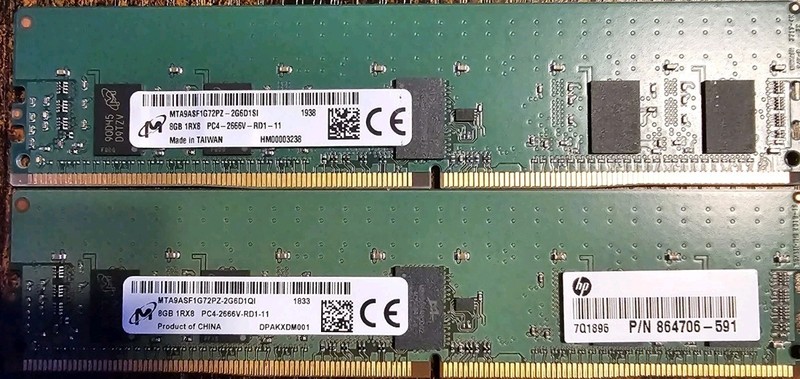 Lot of 2 - Micron 8gb 1Rx8 PC4-2666V-RD1  MTA9ASF1G72PZ-Memory