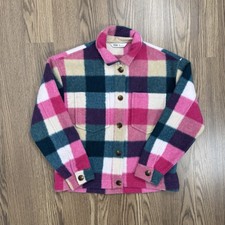DSG Jacket Girls Youth M Pink Green Buffalo Check Button Up Shacket Outdoor Warm
