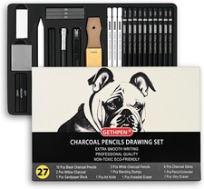 27 Piece Charcoal Drawing Set - Professional Black White Charcoal Pencils f...