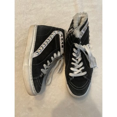 STEVE MADDEN Tracey-F High-Top Sneakers 6.5 Faux Fur Lining Suede Studs Black