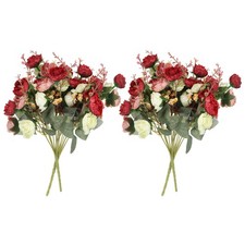 4Pcs 7 Branch 21 Heads Artificial Silk Rose Flower with Stem for Decor, Red