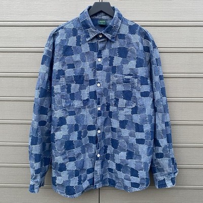 Boro Patchwork Denim Blue Long Sleeve Shirt Indigo Size XL Textured Patterned
