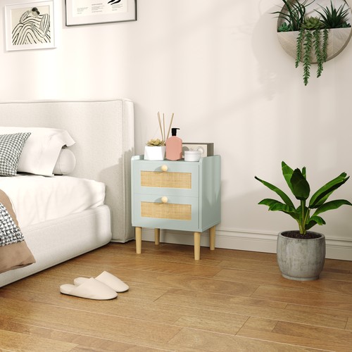 HOMCOM Cassettiera per Camera da Letto in Rattan Boho, Cassettiera a 2 Cassetti, Verde Oliva - Foto 2 di 11