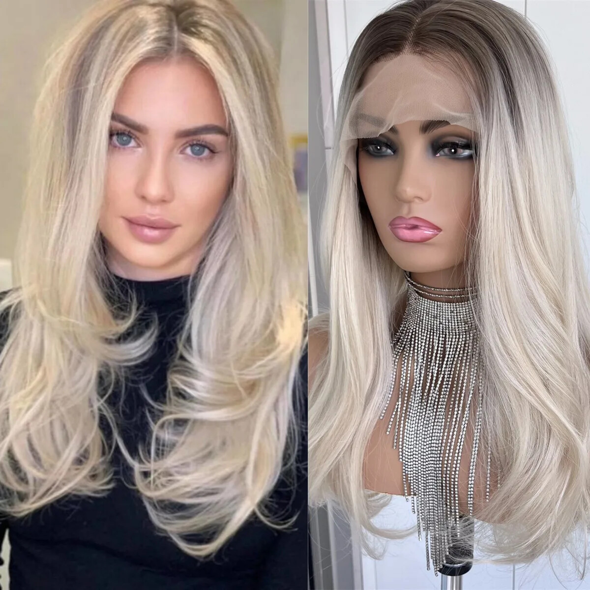 Ombre Blonde 13x4 Lace Front Wig with Brown Roots Preplucked Human Like Synthetic Hair