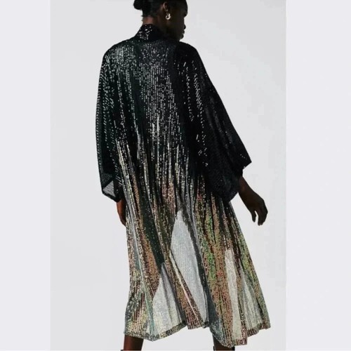 Nuevo Free People Fiesta Sobre Lentejuelas Kimono Midi Chaqueta Brillante Cardi Negro Plata OS - Imagen 2 de 12