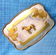 Horse Belt Buckle Western Trophy Large Fargo Silver Vtg Alpaca Mexico .TAZ162