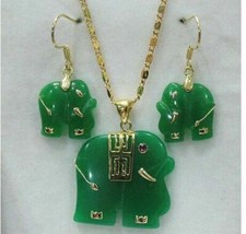 Natural Green Jade Carved Elephant Pendant 14K GP Necklace Earrings Set AAA j20