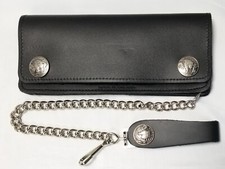 Black Leather Trucker Wallet With Buffalo Nickel Snaps  12" Chain MADE IN USA