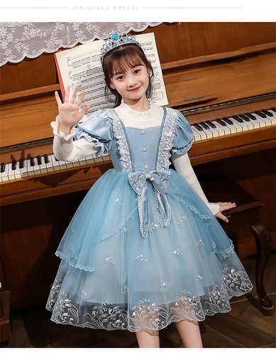 Cute Girl Princess Dress Sweater Velour Mesh Lace Splicing Bow Puff Sleeve Dress - Picture 9 of 26