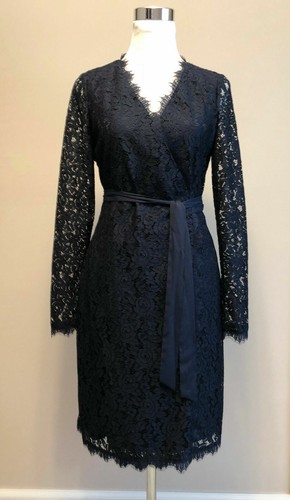 $498 NWT DVF Julian Two LS Lace Alexander Wrap Navy Dress sz 2; sz 8 - Picture 2 of 15