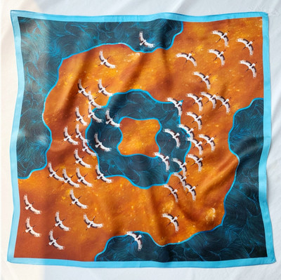 100% mulberry silk blue border crane orange printed square scarf 53cm