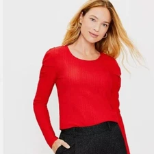 Loft Women’s Size Small Solid Red Twist Puff Long Sleeve Top Textured Crewneck