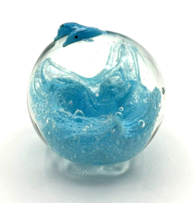 Art Glass 3'' Paperweight Dolphins Fused on Top Clear Glass Blue Wave