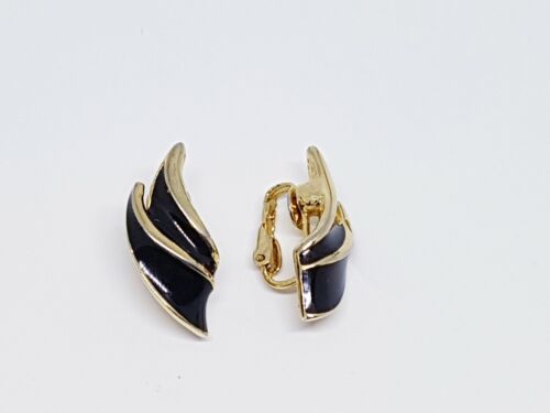 Black enamel gold tone wings clip on earrings Vintage retro dressy classy leaf - Picture 9 of 10