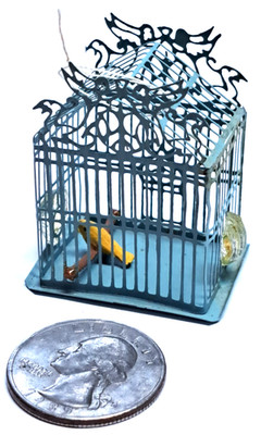 Artisan Dollhouse Miniature Light Blue Metal Bird Cage & Yellow Bird  1:12 Scale