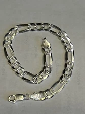925 Sterling Silver SOLID figaro Bracelet 7.5mm is Diamond Cut 8” Long Italy NEW
