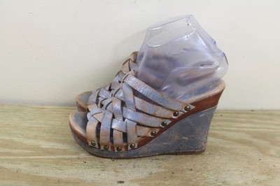 Bed Stu Sandals 9.5B Blue Brown Distressed Leather Gina Wedge Platform  Boho