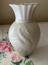 Irish Belleek #2257 Swan Vase Ivory Gold Rim 2.75"x5.5" Fine Porcelain Unused