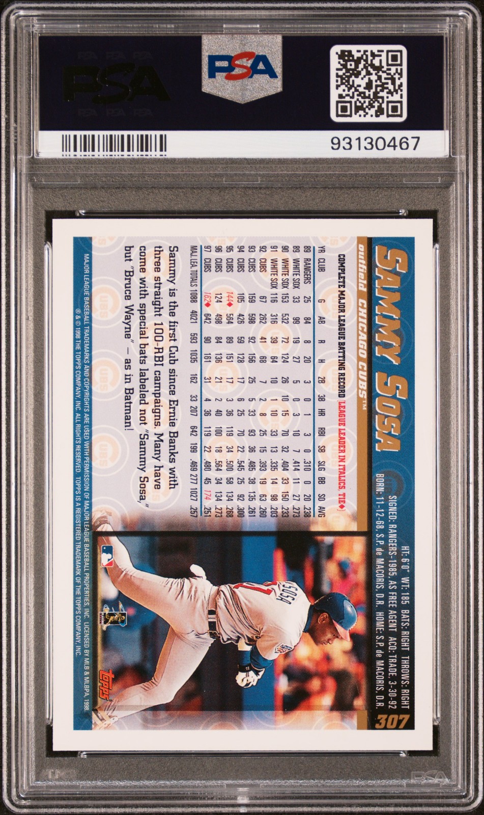1998 TOPPS #307 SAMMY SOSA PSA 10 view 2