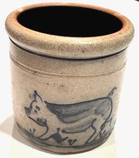 Vtg 1988 Rowe Pottery Works Salt Glazed Stoneware Pig Crock Farmhouse Kitchen