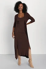 Lulus Layer Lover Ribbed Knit Two-Piece Dress & Cardigan Set Brown L