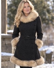 Vintage 50  s 60s PRINCESS COAT Wool Lamb Fur Collar Cuffs Pinup Dress Jacket S/M
