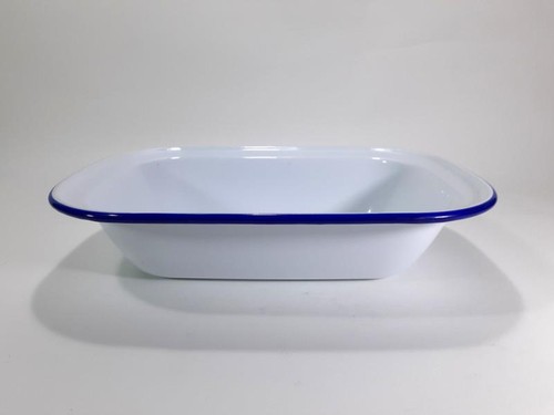 Vintage 1960s Enamel White and Blue Baking Dish Roasting Pan Tray - French Style - Picture 2 of 9