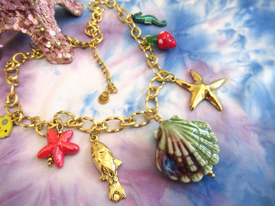 STUNNING Nautilus Shell Ocean Glass Beads Starfish Seahorse Choker Necklace