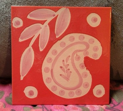 VTG L Made Italy Tile Trivet Brevettato Art Painted Pottery Paisley Floral Boho 