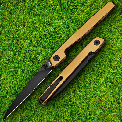 CJRB Lanky Linerlock Folding Knife 3.5'' S90V Steel Blade Gold Titanium Handle