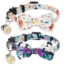 Cat Collar with Bells, Breakaway Cat Bowtie Collars, Purple White Floral 2 Pa...