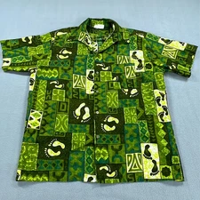 Vintage Go Barefoot In Paradise Hawaiian Shirt Mens Large Green Footprint 60s