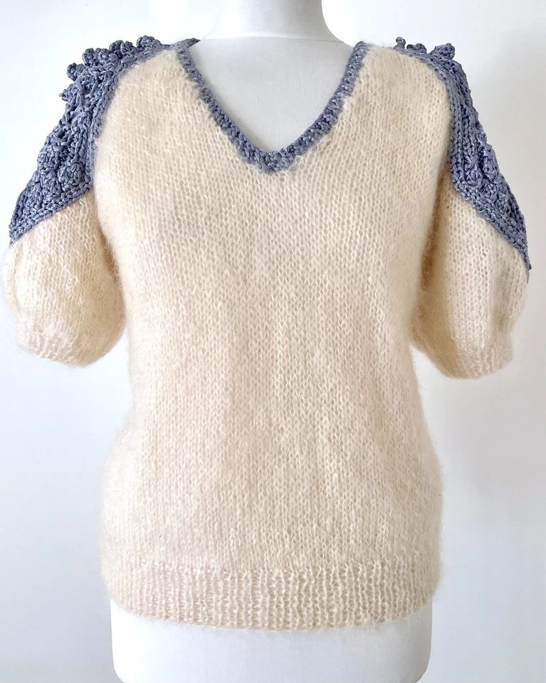 Vintage Size 10 Hand Knitted Cream Mohair Quirky Statement Shoulders Puff Sleeve - Image 3 of 4