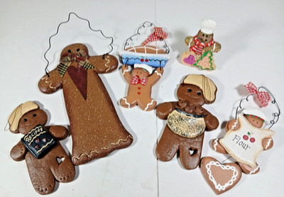 Gingerbread Man Wooden Christmas Ornament Lot of 5 & 1 Recipe Holder Clip