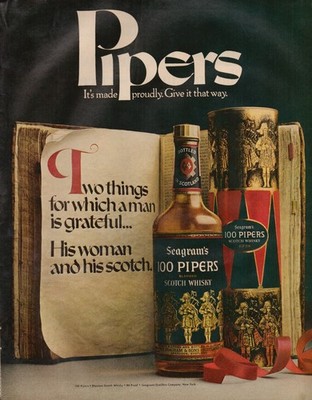 Seagram's 100 Pipers Scotch Whisky Vintage Bar Decor Magazine Print Ad 1970